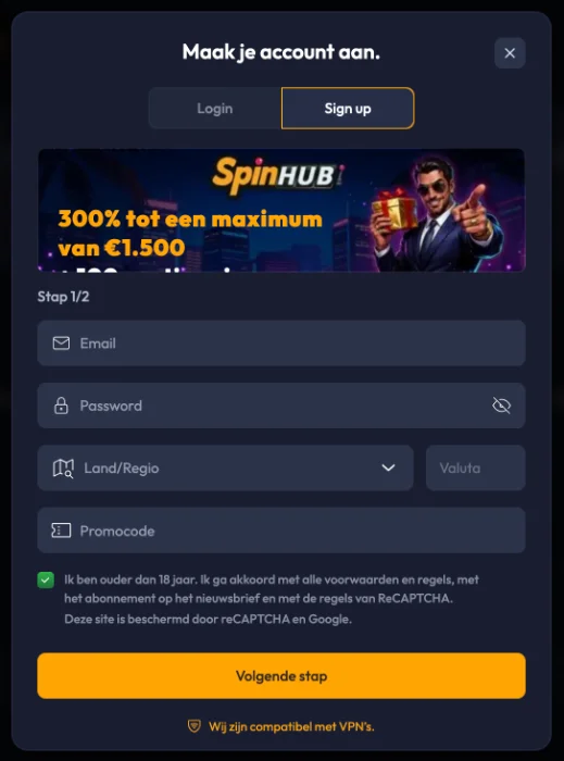 Eenvoudig registratieproces om een account aan te maken bij Spinhub Casino