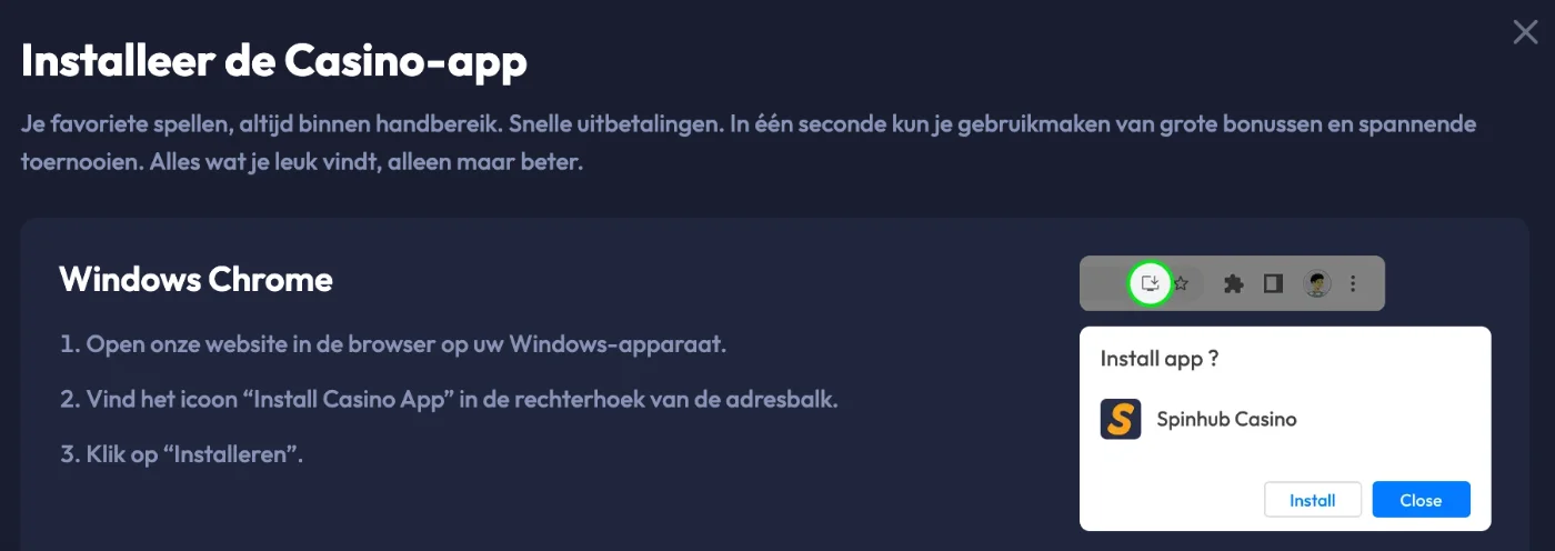 Mobiele versie van Spinhub Casino voor smartphone en tablet